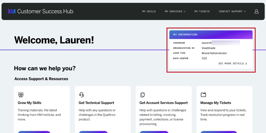 the my information window is located in the top right corner of the hub