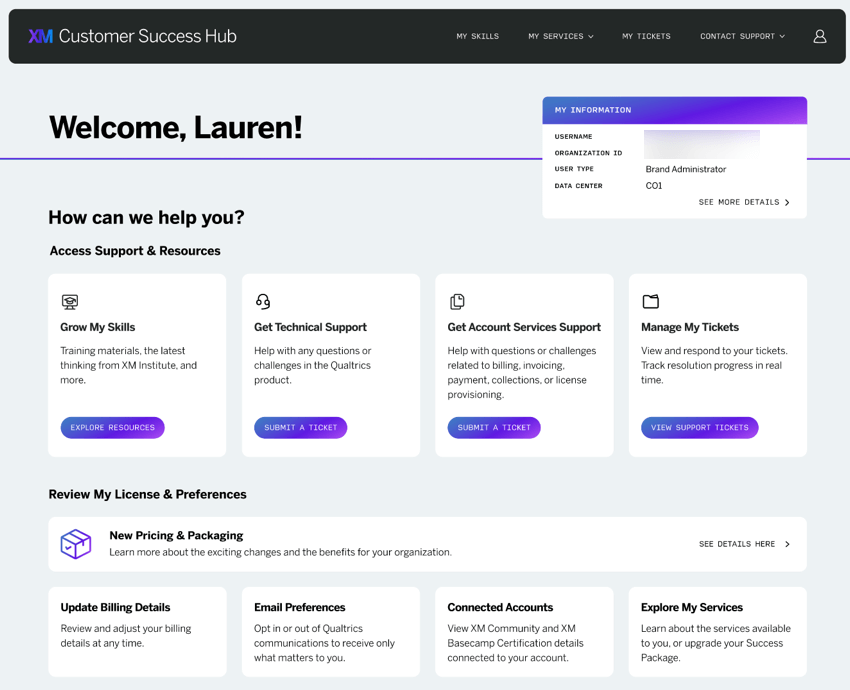 the homepage of the customer success hub after logging in as a brand administrator