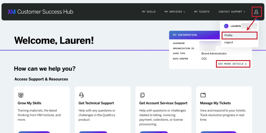 klicken Sie auf das Profilsymbol oder sehen Sie weitere Details auf der Hub-Homepage