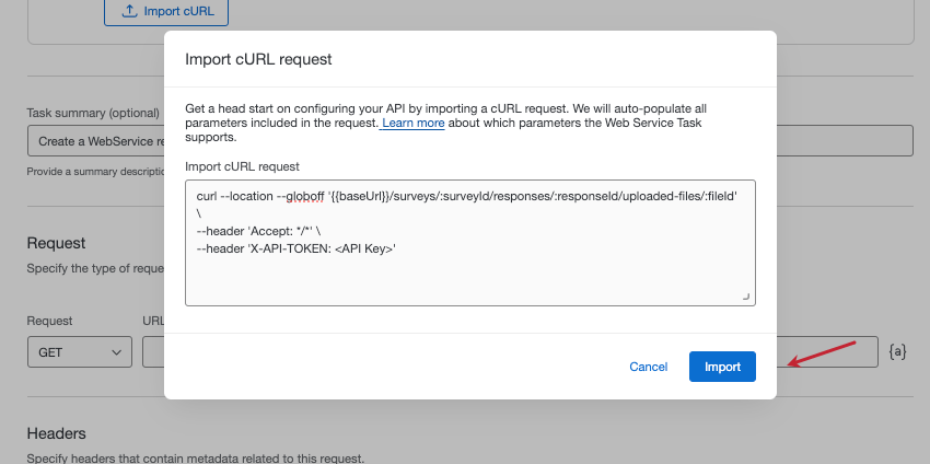 Pasting a curl command in the doc