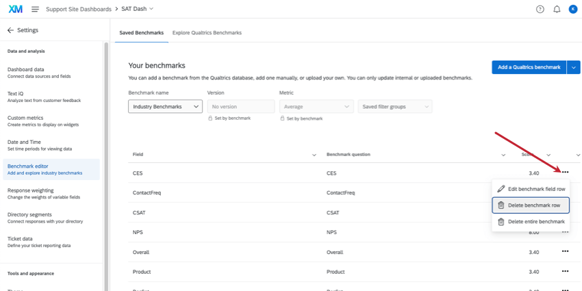 3 dots next to a benchmark opened, showing other options