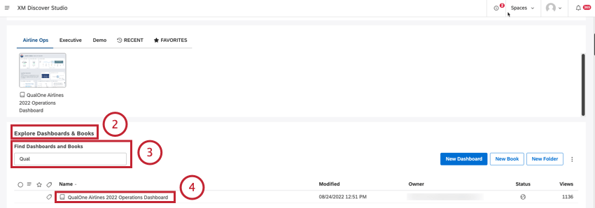 explore dashboards and books section has a list of dashboards