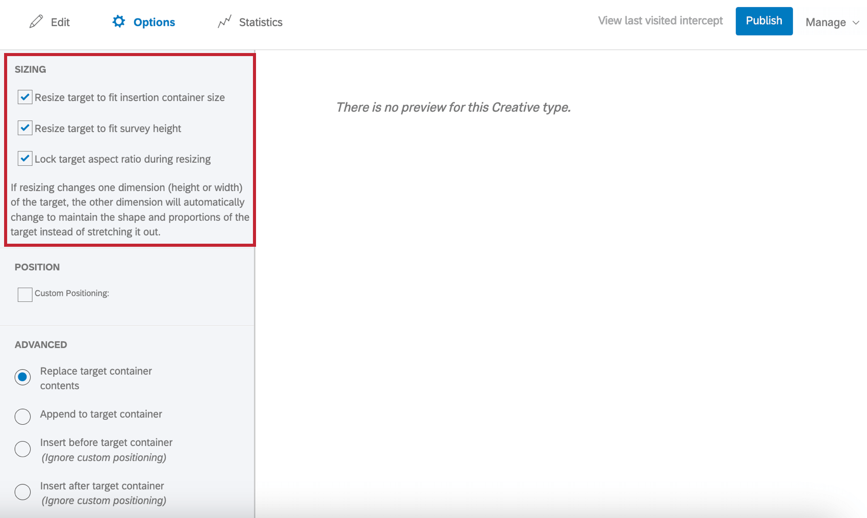 クリエイティブ内のサイジングオプション