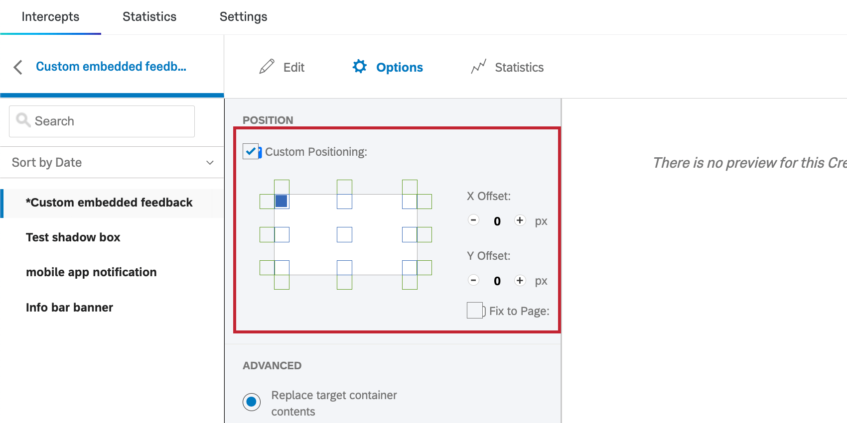 Custom positioning in the Options section of the creative