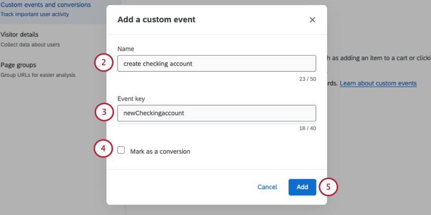 nova janela onde você adiciona informações sobre seu evento personalizado
