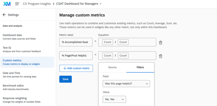 a seção de métricas personalizadas das configurações dashboard