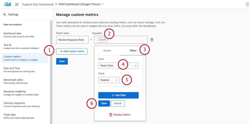 Custom metric page of dashboard