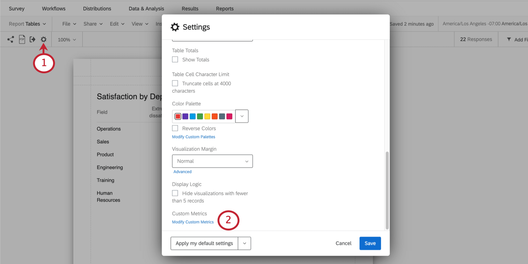 Settings window opened in a paginated report. Custom metrics is at the bottom of the window after scrolling, after display logic