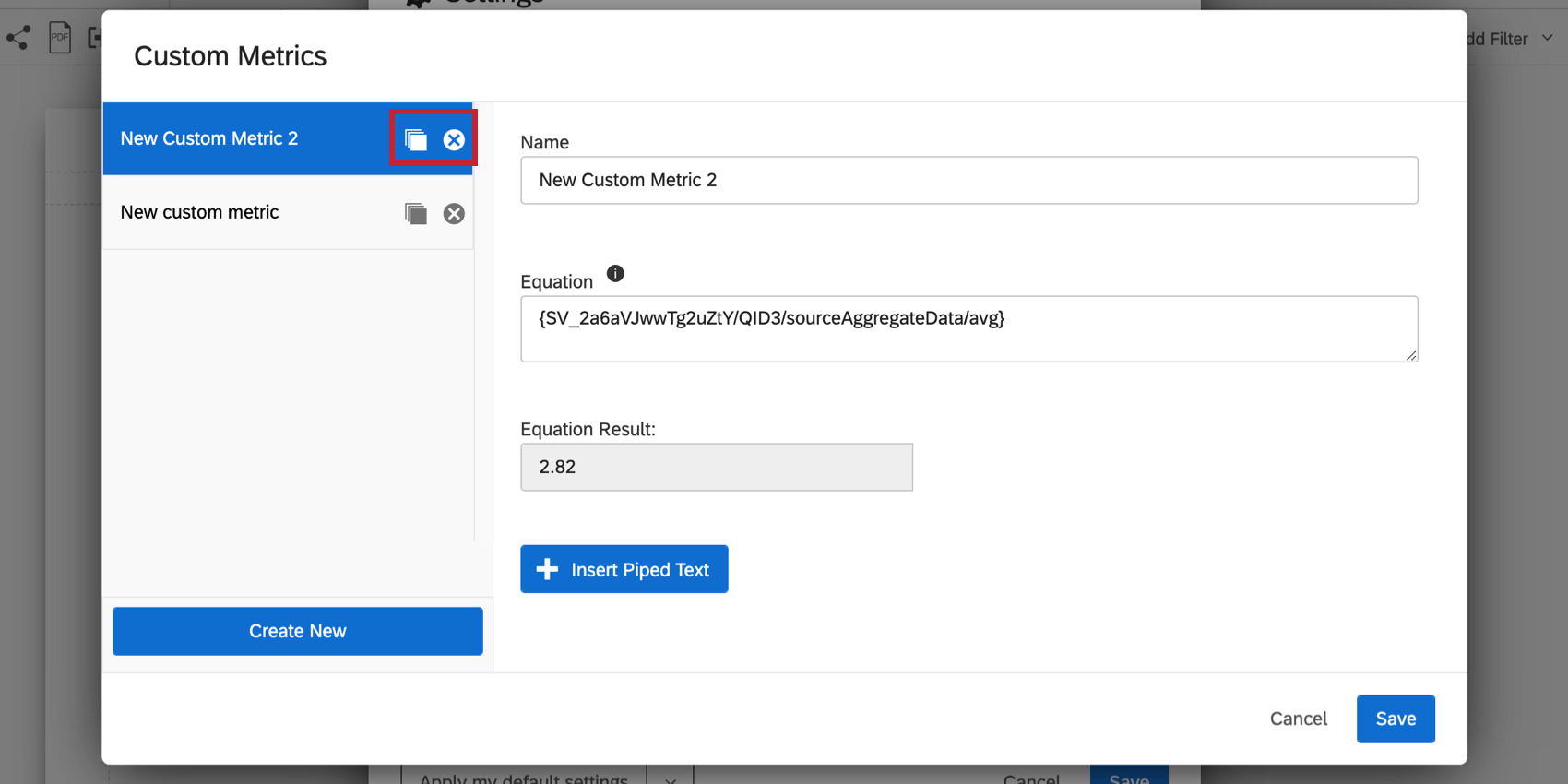 Custom metrics window opened, icons next to each existing custom metric are highlighted