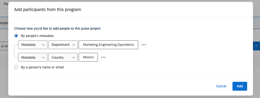 La condición dice que el departamento de metadatos debe ser marketing, ingeniería u operaciones, y el país de los metadatos debe ser México.