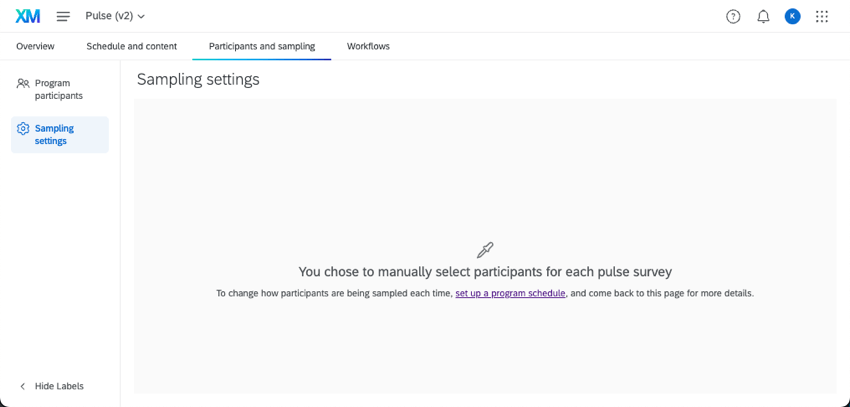 the sampling settings page is blank except for a message that says you chose to manually select participants for each pulse survey. there is also a link to change this