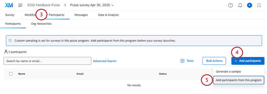 participants tab of a survey and the option to manually add participants
