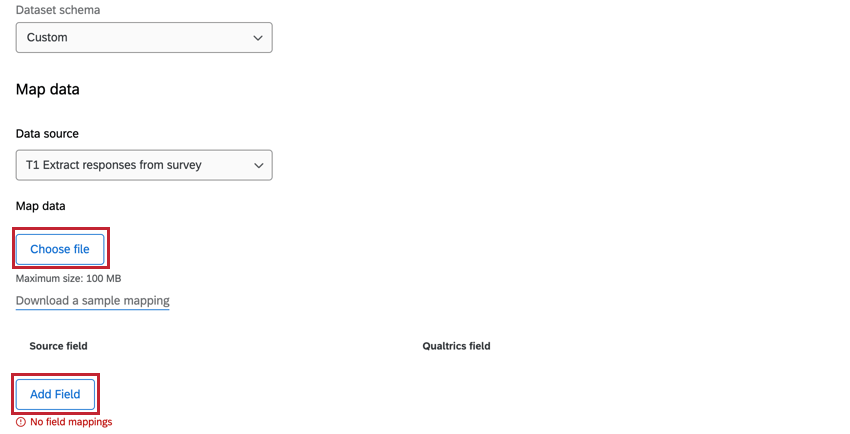 criar um esquema personalizado fazendo upload de um arquivo ou adicionando campos manualmente