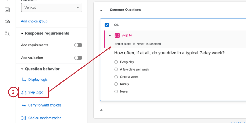 adding skip logic to the screener question