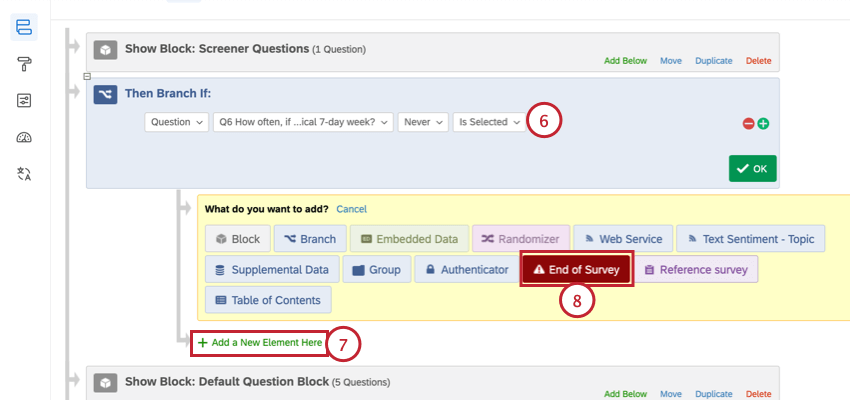 creating the branch logic and adding and end of survey element