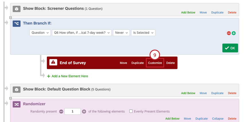 clicking customize on the end of survey element