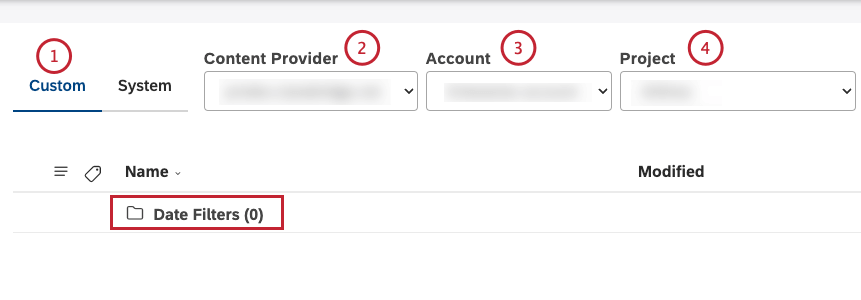 Guia personalizada. Selecione o provedor de conteúdo, conta e o projeto.