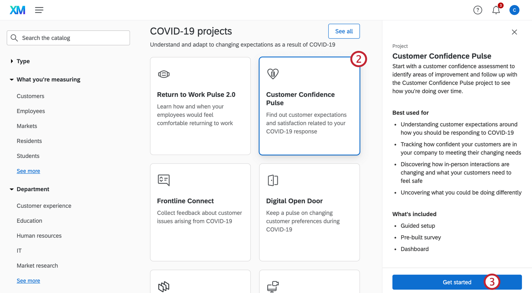 Image of catalog, selecting the described project, seeing a sidebar open on the right describing it, ending with a button to get started creating it
