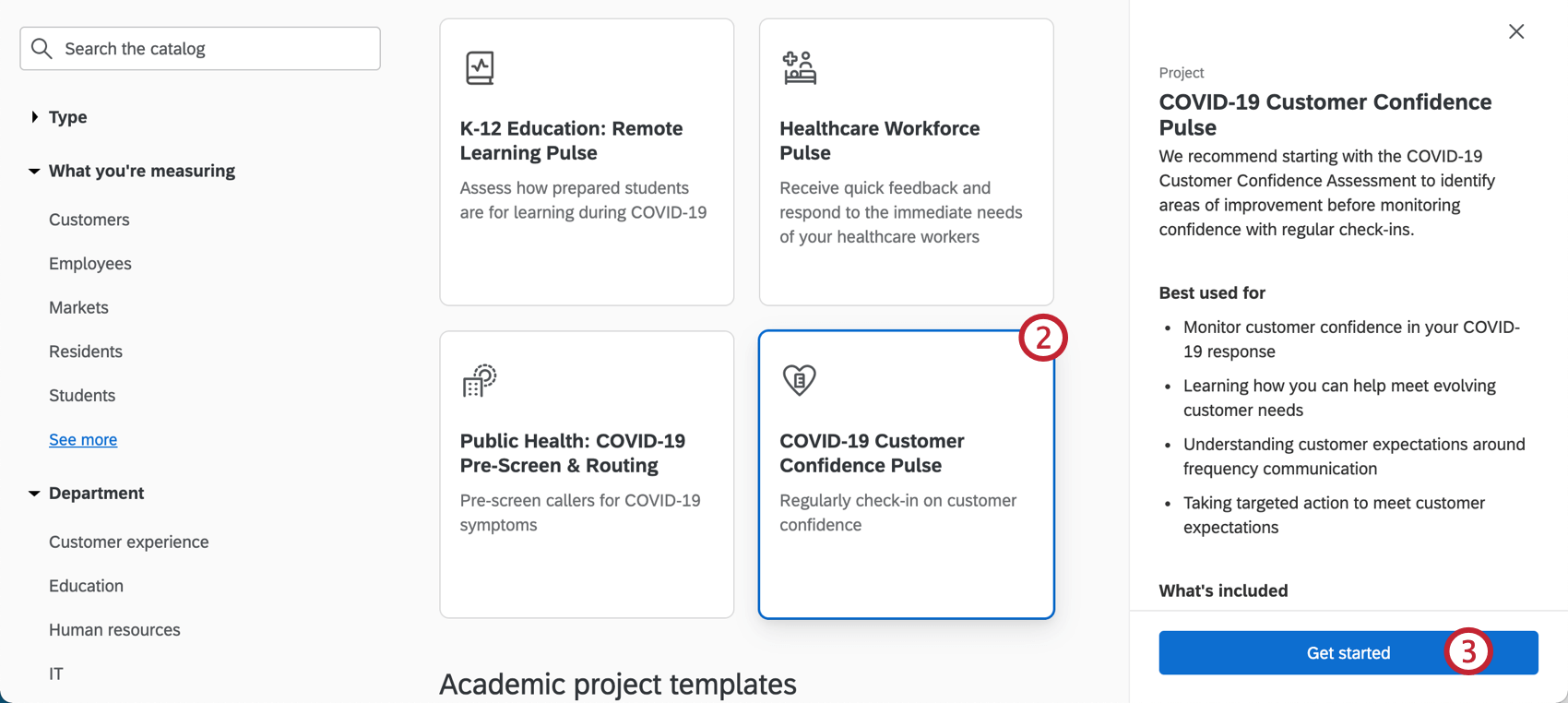Imagen del catálogo, seleccionando el proyecto descrito, viéndose una barra lateral abierta a la derecha describiéndolo, finalizando con un botón para empezar a crearlo