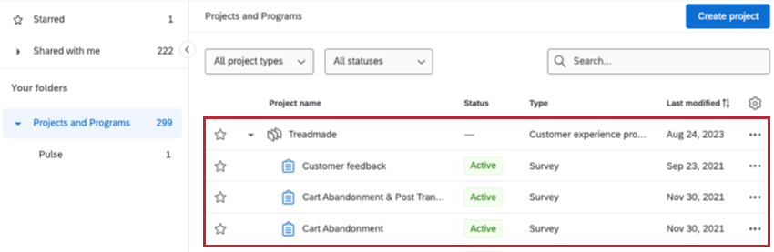 Image dun programme sur la page des projets ; elle est agrandie pour montrer la liste des projets à lintérieur
