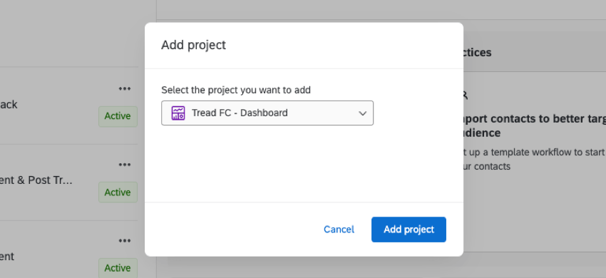 Neues Fenster mit einer Dropdown-Liste, in dem Sie Projekte nach Ordner oder Suche auswählen können