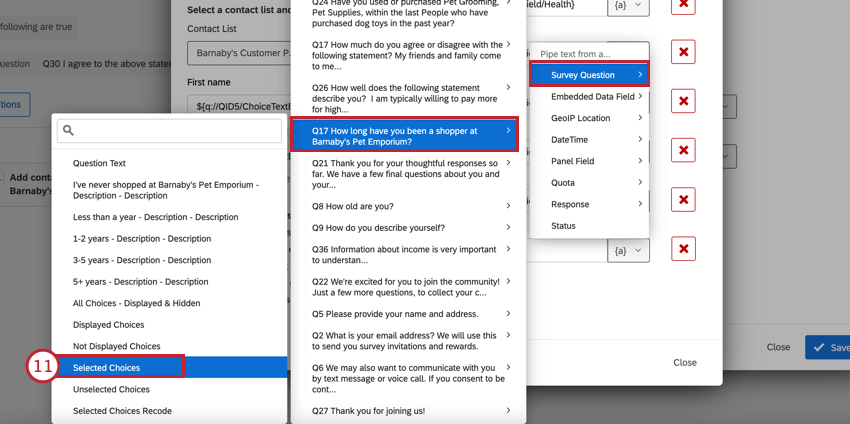 selecting the new question in the piped text menu