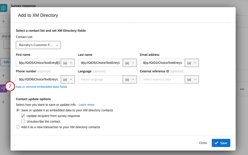 clicking add or remove embedded data fields