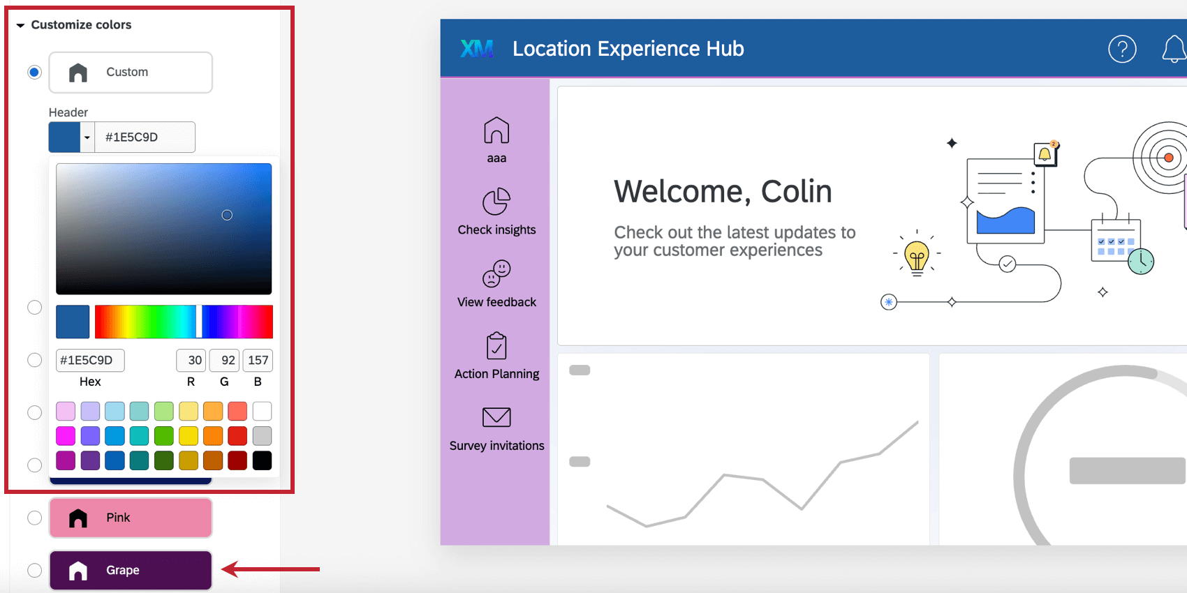 escolha de cores personalizadas no hub de localização