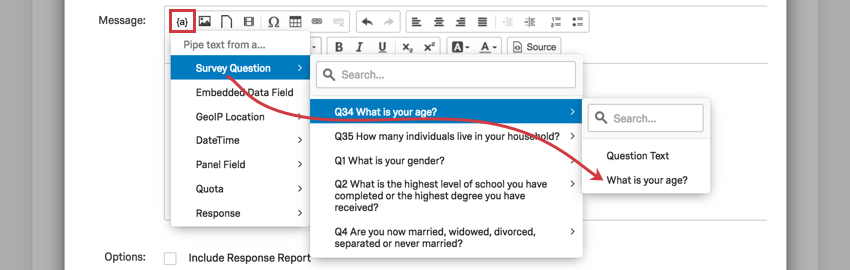 Piped Text menu open to select for age