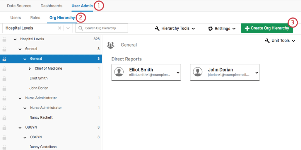 緑色の「組織階層を作成」ボタンは、過去に組織階層を作成したことがあるかどうかによって、右上または中央に表示される。