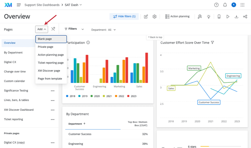 Die Schaltfläche zum Hinzufügen im Seitenmenü enthält eine Liste der Optionen, aus denen Sie auswählen können.