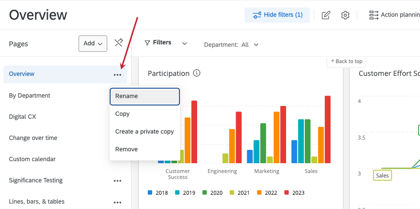 lista de opciones de página