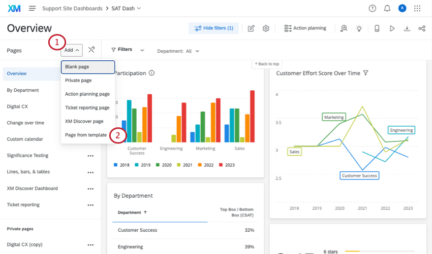 image of the add page menu in a cx dashboard