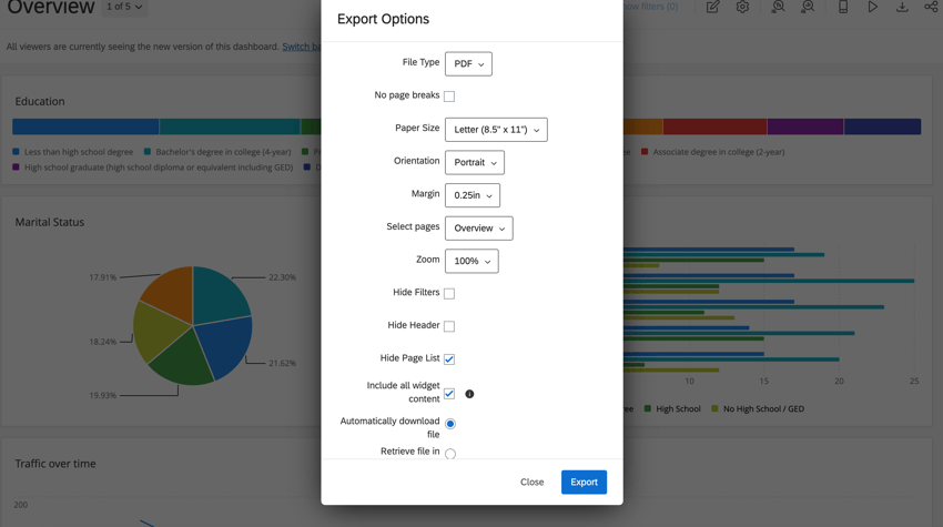 the export options window
