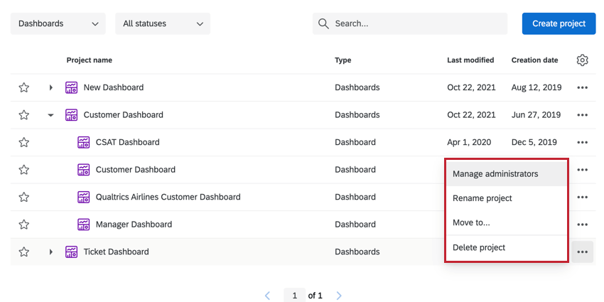 le opzioni per un progetto di dashboard cx