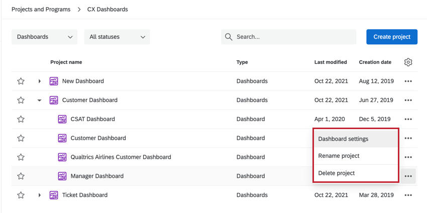 as opções para um dashboard cx