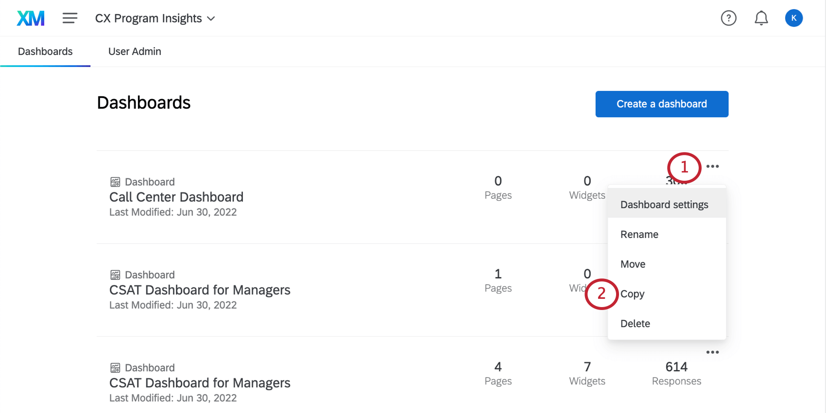 Opção de cópia no menu suspenso avançar do dashboard