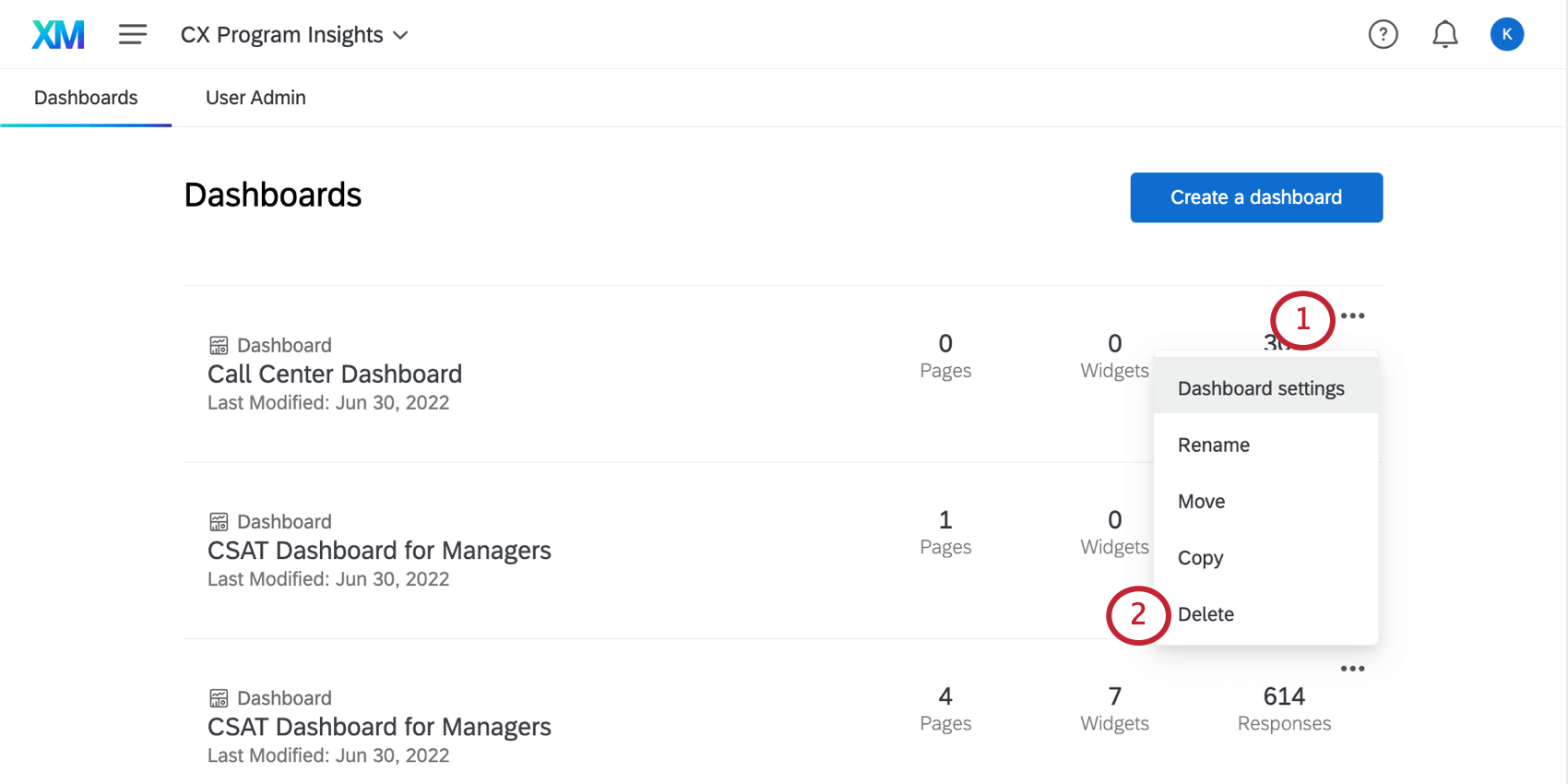 Eliminare Dashboard dal menu a tendina