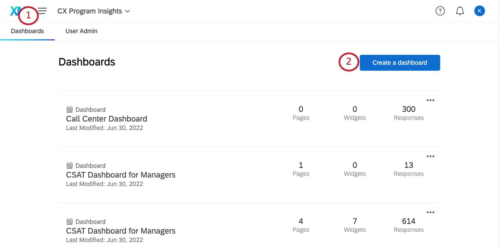 Wählen Sie auf der Registerkarte "Dashboards" des Projekts oben rechts die Drucktaste "Dashboard erstellen" (in der Mitte, wenn sich keine anderen Dashboards innerhalb des Projekts befinden).