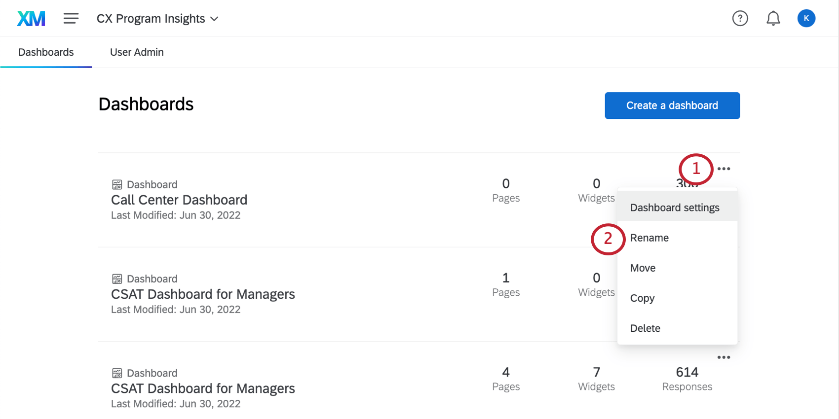 Menu a tendina a destra del nome del Dashboard