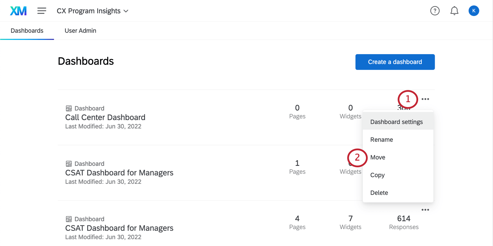 Menü der Projekte auf dem Dashboard, die beim Verschieben des Dashboards geöffnet werden