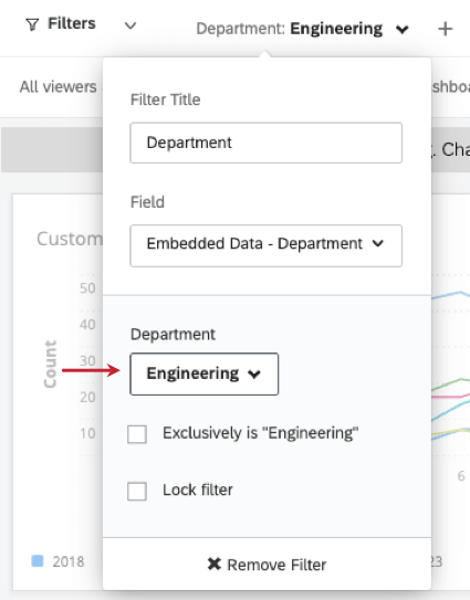 image of a widget filter added to a widget in editing mode with specific filter values selected