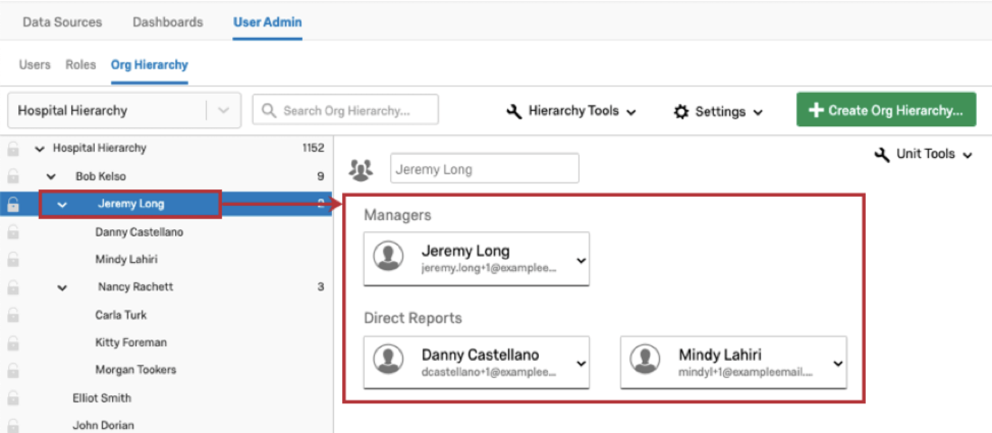 A sinistra viene selezionato un Subordinato diretto anziché un Manager e viene visualizzata la stessa unità della schermata precedente, perché questo Subordinato diretto si trova nellunità di Jeremy Long