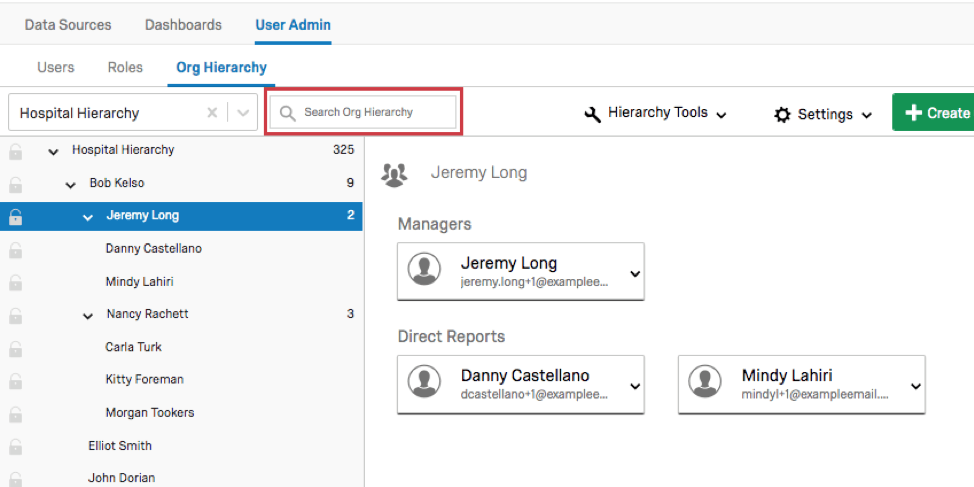 Search Org Hierarchy search bar along top of center section