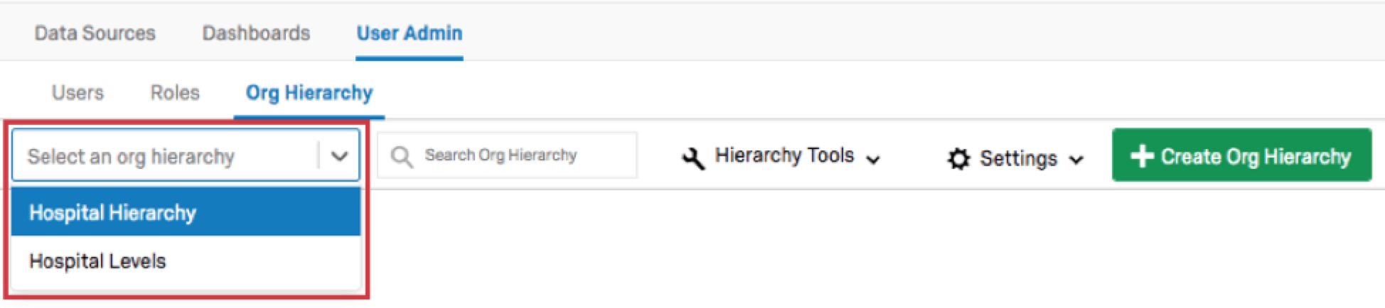 Hierarchy selection dropdown menu opened to reveal other hierarchies that can be selected
