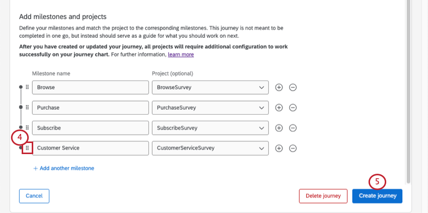 Icone a sinistra delle pietre miliari per trascinarle e rilasciarle