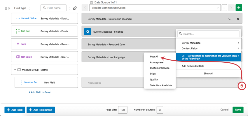 Clicking light grey not mapped dropdown results in list of survey questions. Highlight over matrix question to find map all option