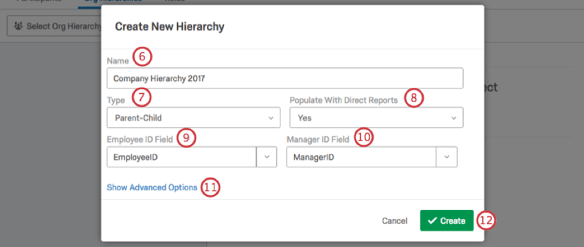 Create New Hierarchy window with the fields described in the steps