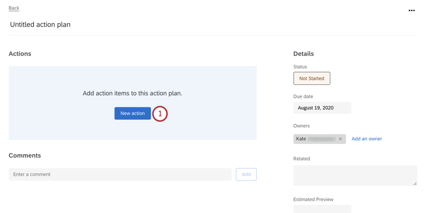 Center of action plan, huge blue space with a "new action" button in the center