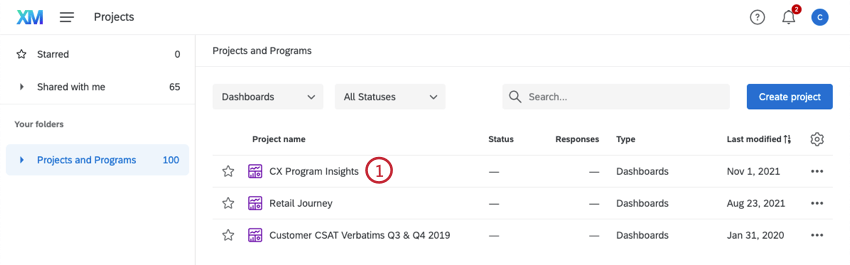 Progetto Dashboard nella pagina progetti